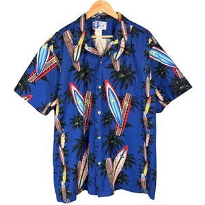RJC Hawaiian Shirt Men Surfboard‎ Tress All Over Print 2XL Blue Nautical Vtg USA